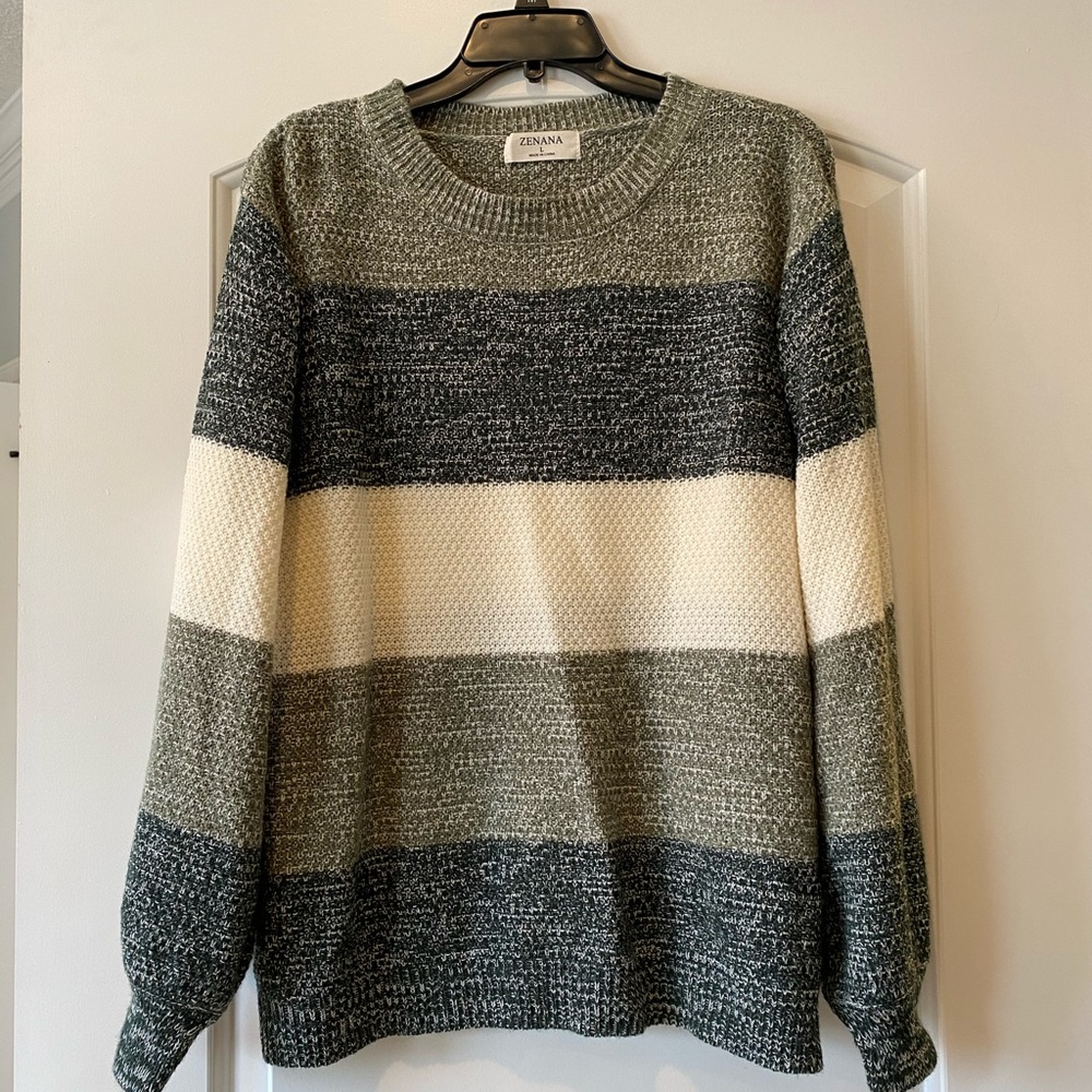 Zenana Green and cream striped crewneck sweater L